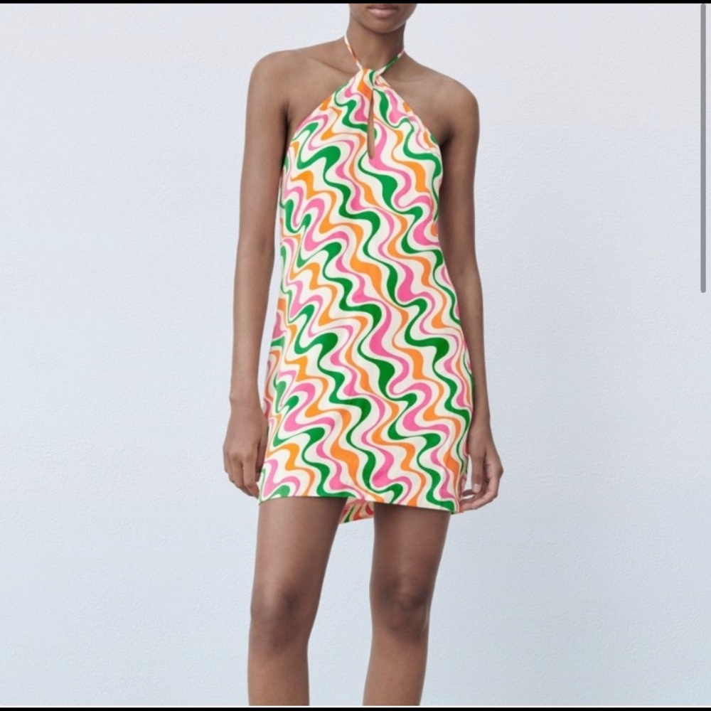 Zara Satin Effect Retro Halter Dress Pink Green Medium